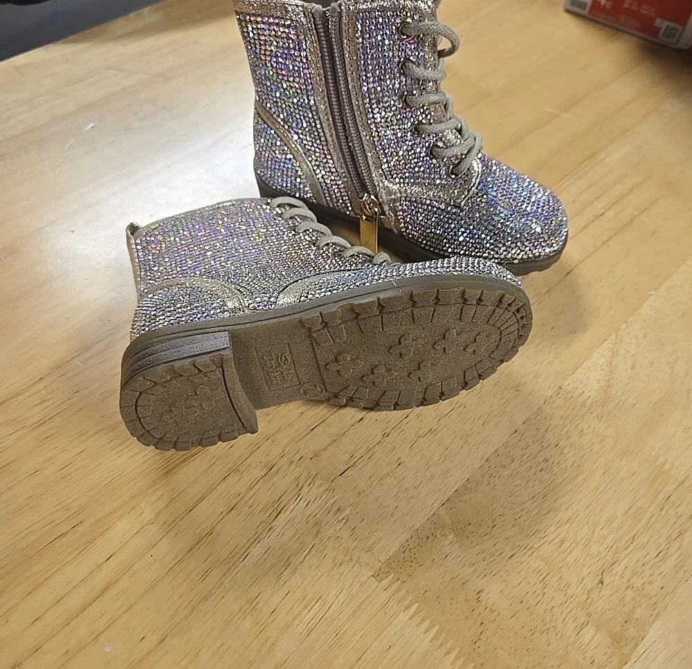 Size 7 Kids Glitter Lace-Up Ankle Boots - Silver